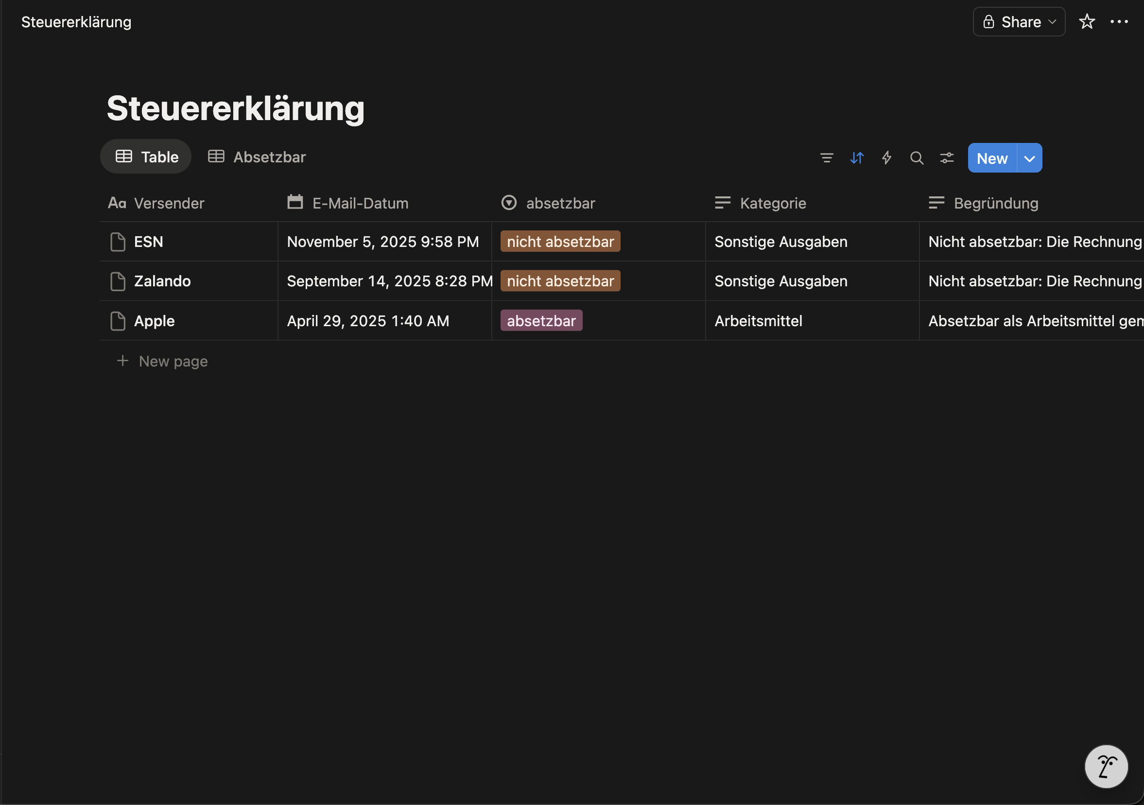 Notion-Datenbank mit automatisch analysierten Rechnungen: Versender, Datum, Absetzbarkeit, Kategorie und Begründung