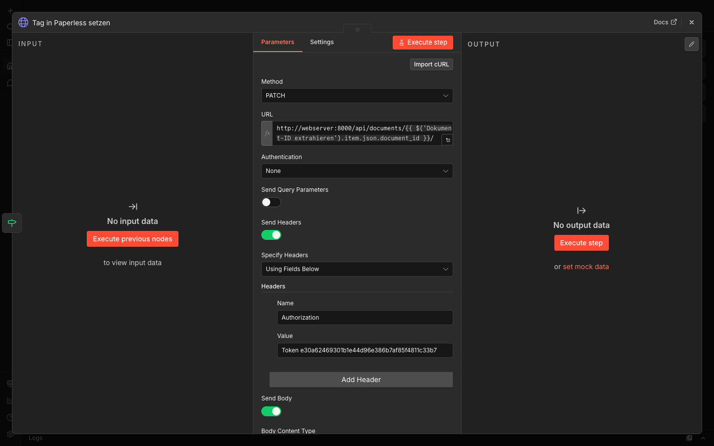 n8n Tag in Paperless setzen Node mit Authorization Header und JSON Body Konfiguration