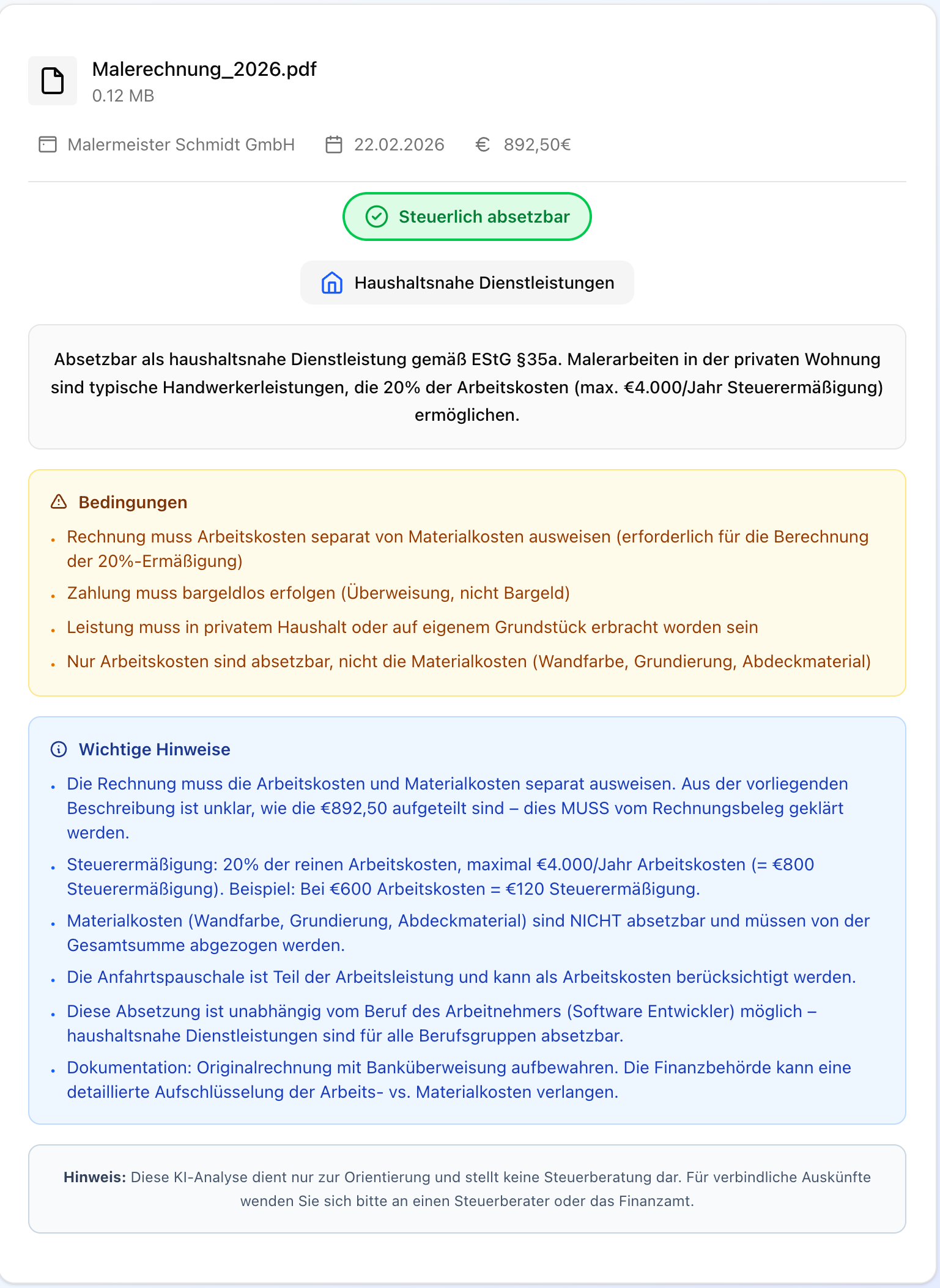 Steuerscan Analyseergebnis einer Malerrechnung: Lohnkosten erkannt, Steuerermäßigung berechnet